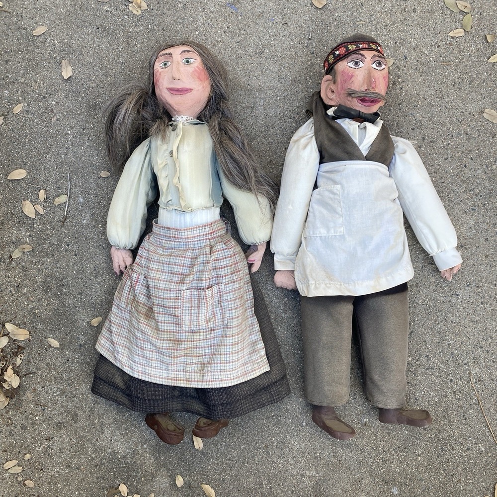 Pair of Early 20th Century Dolls - Butcher & Wife Paper Mache Antique Folk Art
